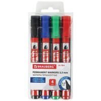 Маркер перманентный НАБОР 4шт круглый 3,5мм, (чер,син,крас,зел) BRAUBERG ULTRA MARKER 1/24/144