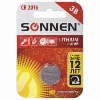 Элемент питания SONNEN CR2016, литиевая, 1 шт., в блистере (отрывной блок),1/20 